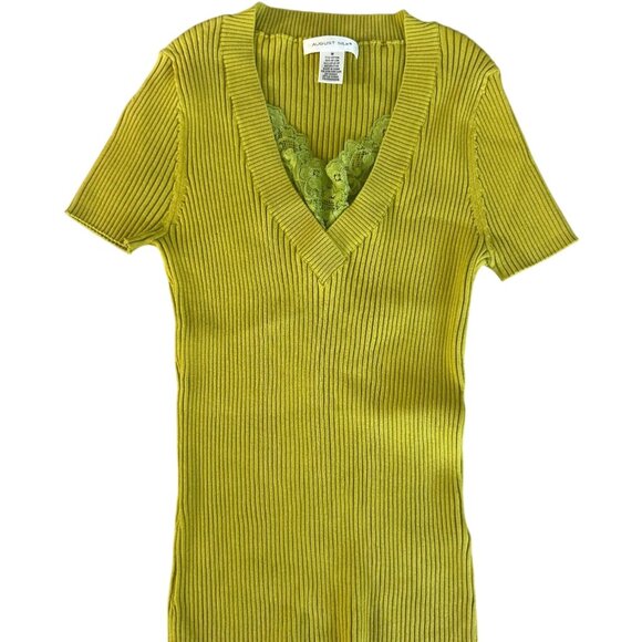 AUGUST SILK Chartreuse Green V Neck Top Size Medium - Picture 3 of 6